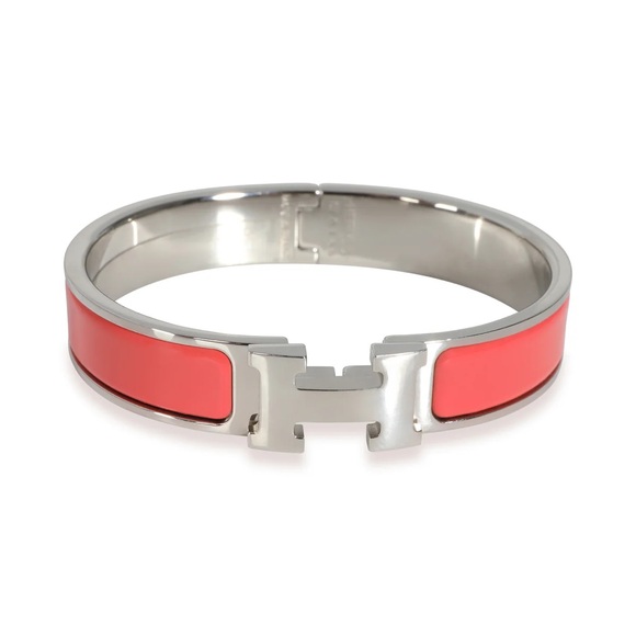 Hermes Clic H Clac Rouge Corail Coral Enamel Palladium Plated Bracelet PM New - Picture 1 of 13
